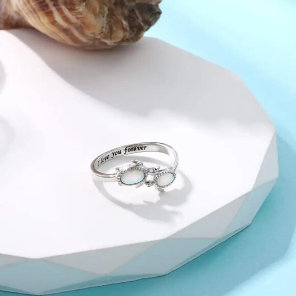 1pc Inspirational Fashion Ocean Theme Turtle Ring Ring with "I Love You Forever" - Picture 2 of 3